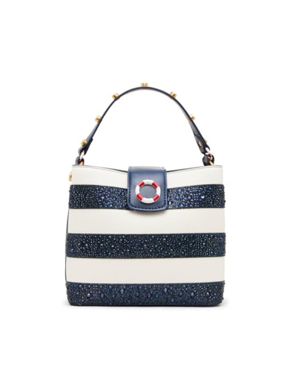 Rhinestone Striped Bucket Bag Shoulder Handbag Removable Strap